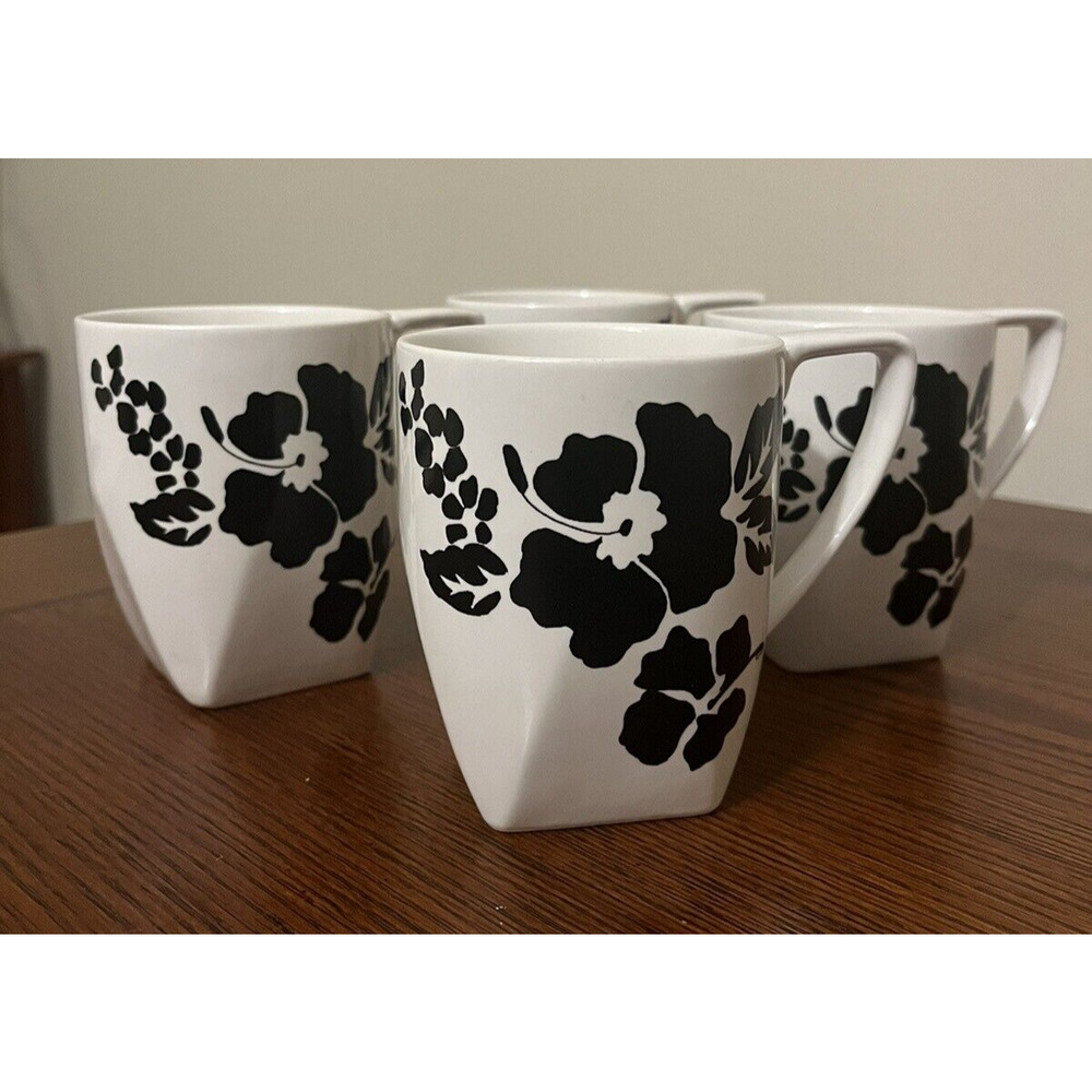 Coventry Babesques Black Mug Cup Set of 4 10oz Fine Porcelain Floral Coffee Tea